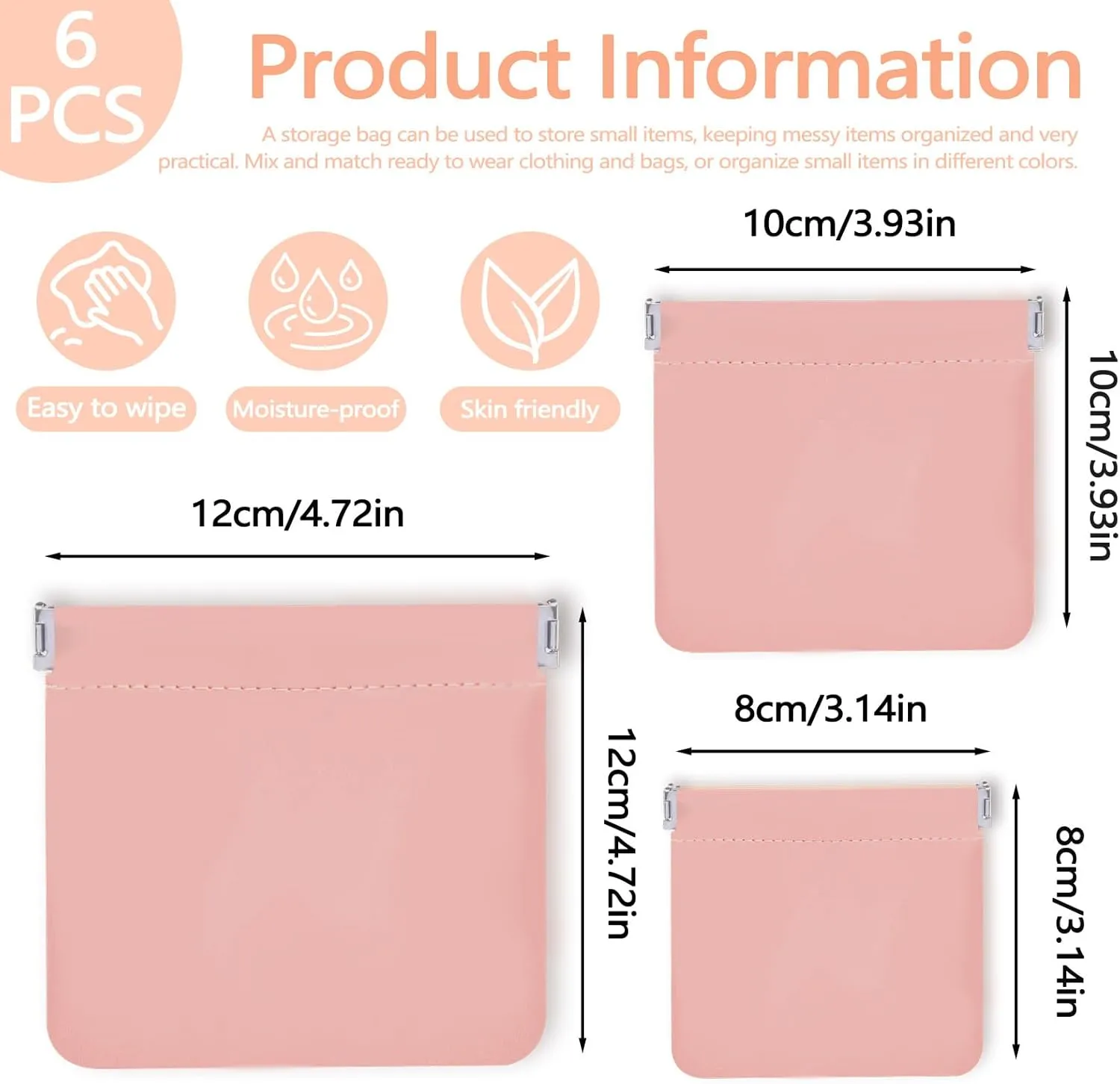 6 Pieces PU Leather Snap Closure Organizer Pouch, 3 Sizes Small Makeup Bag, No Zipper Self-Closing Portable Cosmetic Pouch for Women Coin Travel Storage Lipstick Jewelry (pink)