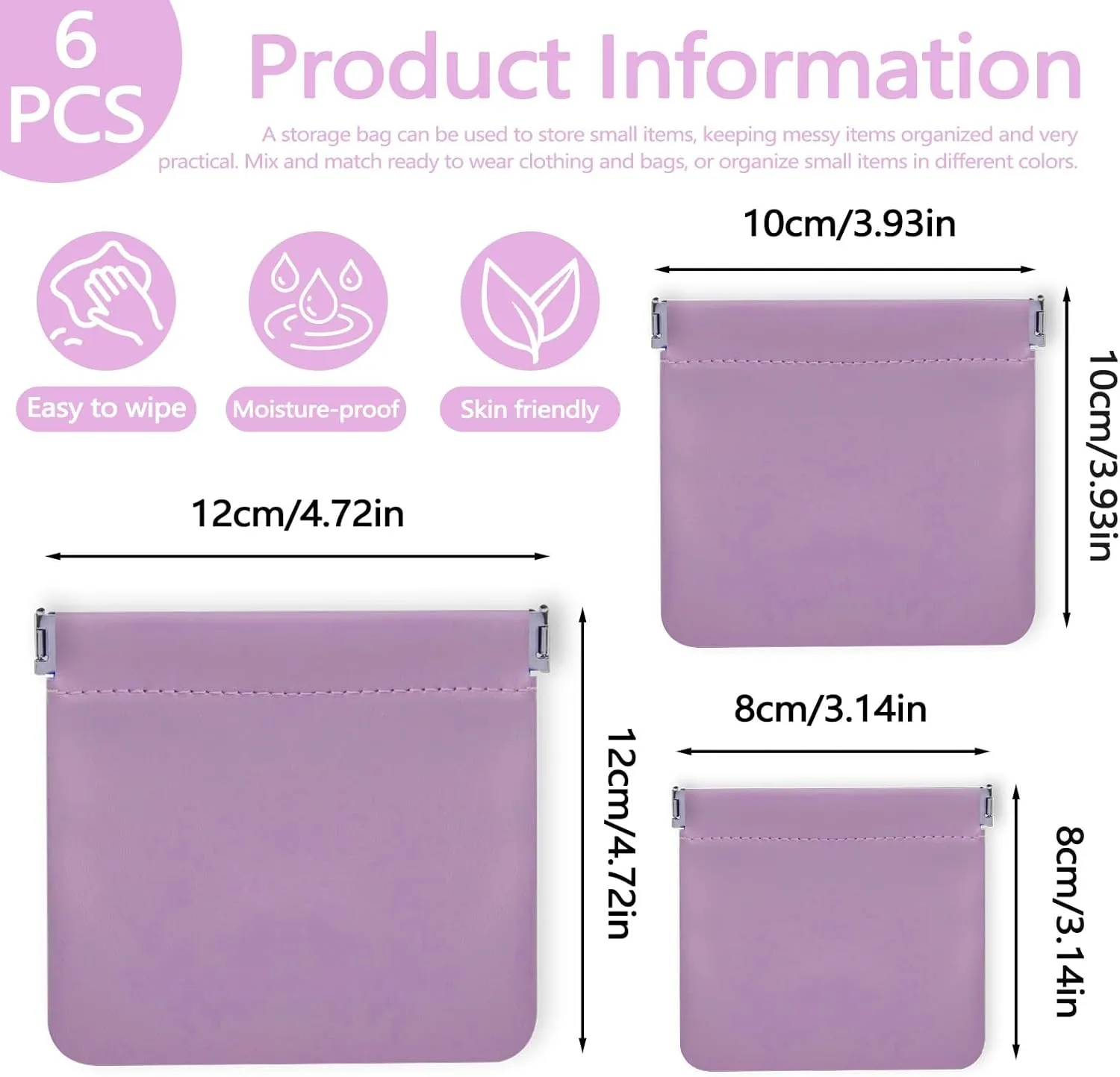 6 Pieces PU Leather Snap Closure Organizer Pouch, 3 Sizes Small Makeup Bag, No Zipper Self-Closing Portable Cosmetic Pouch for Women Coin Travel Storage Lipstick Jewelry (purple)