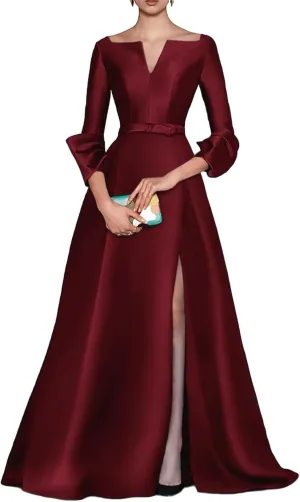 A Line Long Evening Gowns with Side Slit Satin V Neck Wedding Guest Dresses Long Sleeve Cocktail Party Dress