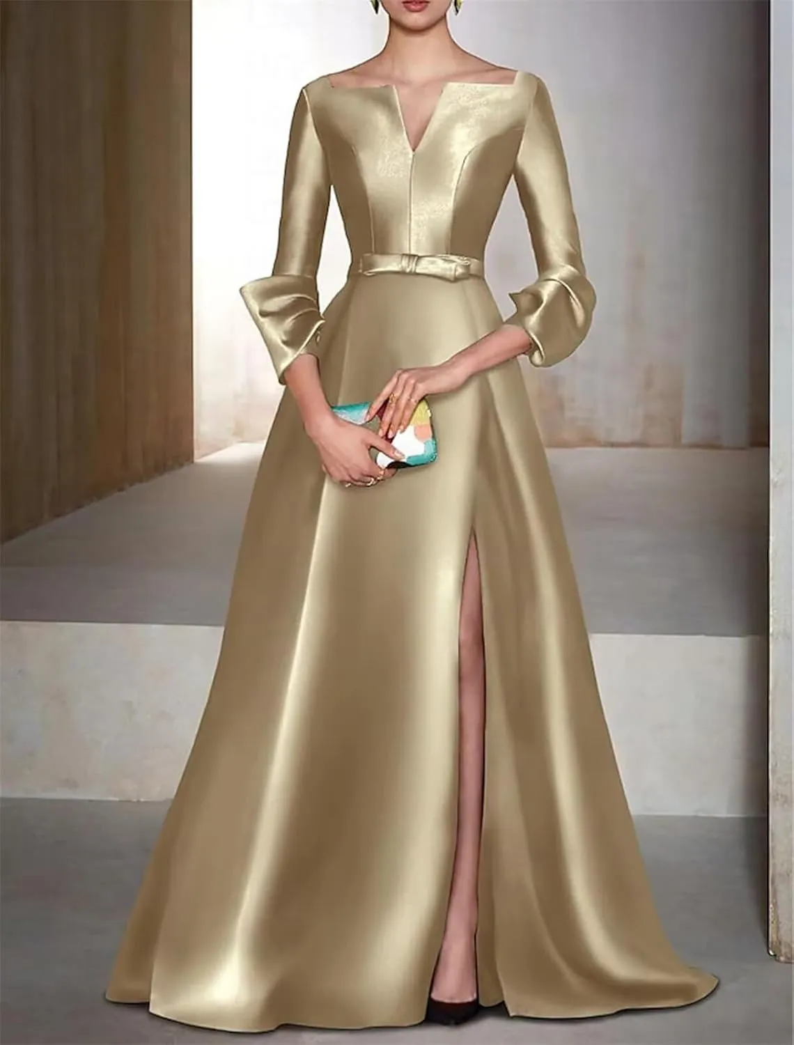 A Line Long Evening Gowns with Side Slit Satin V Neck Wedding Guest Dresses Long Sleeve Cocktail Party Dress