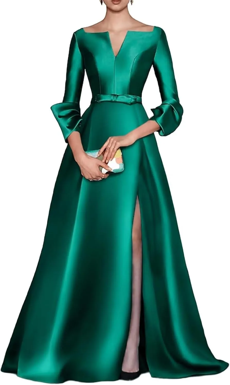 A Line Long Evening Gowns with Side Slit Satin V Neck Wedding Guest Dresses Long Sleeve Cocktail Party Dress