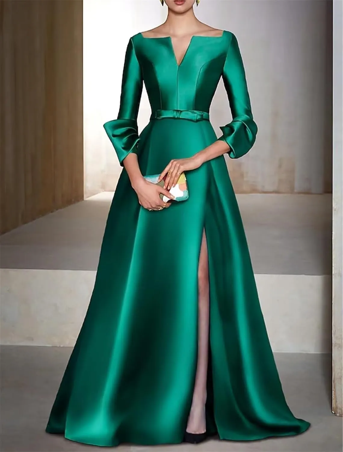A Line Long Evening Gowns with Side Slit Satin V Neck Wedding Guest Dresses Long Sleeve Cocktail Party Dress
