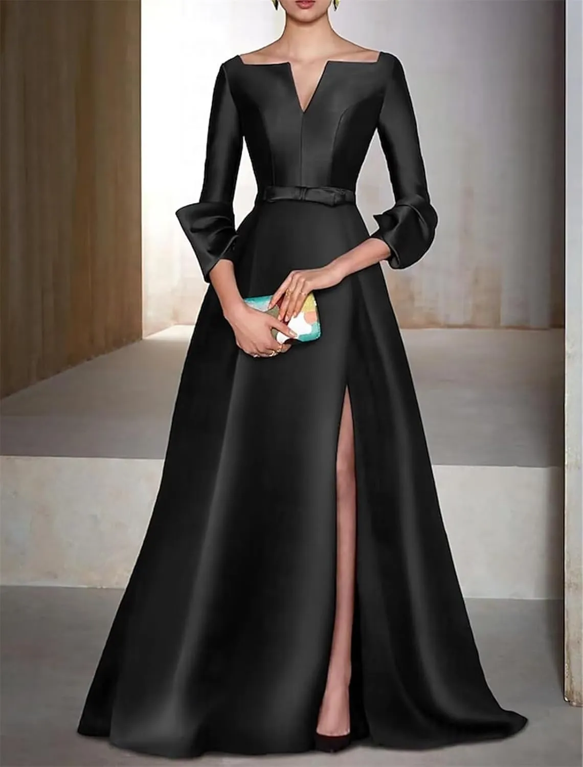 A Line Long Evening Gowns with Side Slit Satin V Neck Wedding Guest Dresses Long Sleeve Cocktail Party Dress