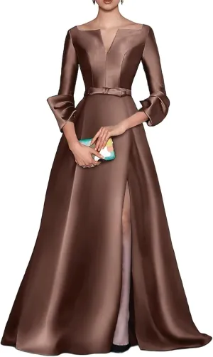 A Line Long Evening Gowns with Side Slit Satin V Neck Wedding Guest Dresses Long Sleeve Cocktail Party Dress