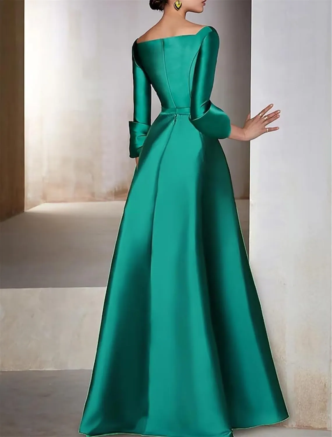 A Line Long Evening Gowns with Side Slit Satin V Neck Wedding Guest Dresses Long Sleeve Cocktail Party Dress