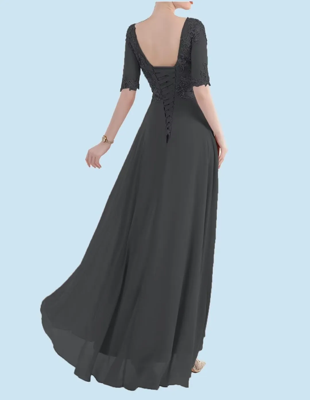A Line Tea Length Mother of The Bride Dress 3/4 Sleeves Lace Applique Chiffon Formal Evening Party Gowns