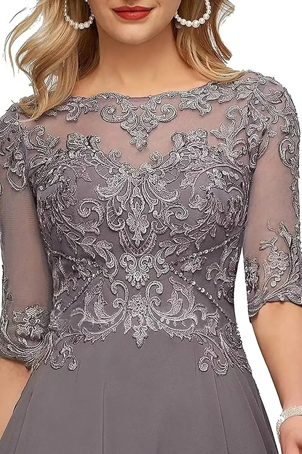 A Line Tea Length Mother of The Bride Dress 3/4 Sleeves Lace Applique Chiffon Formal Evening Party Gowns