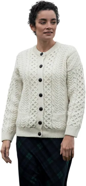 Achill Women's Irish Cable Knit Aran Cardigan, 100% Merino Wool, Made in Ireland