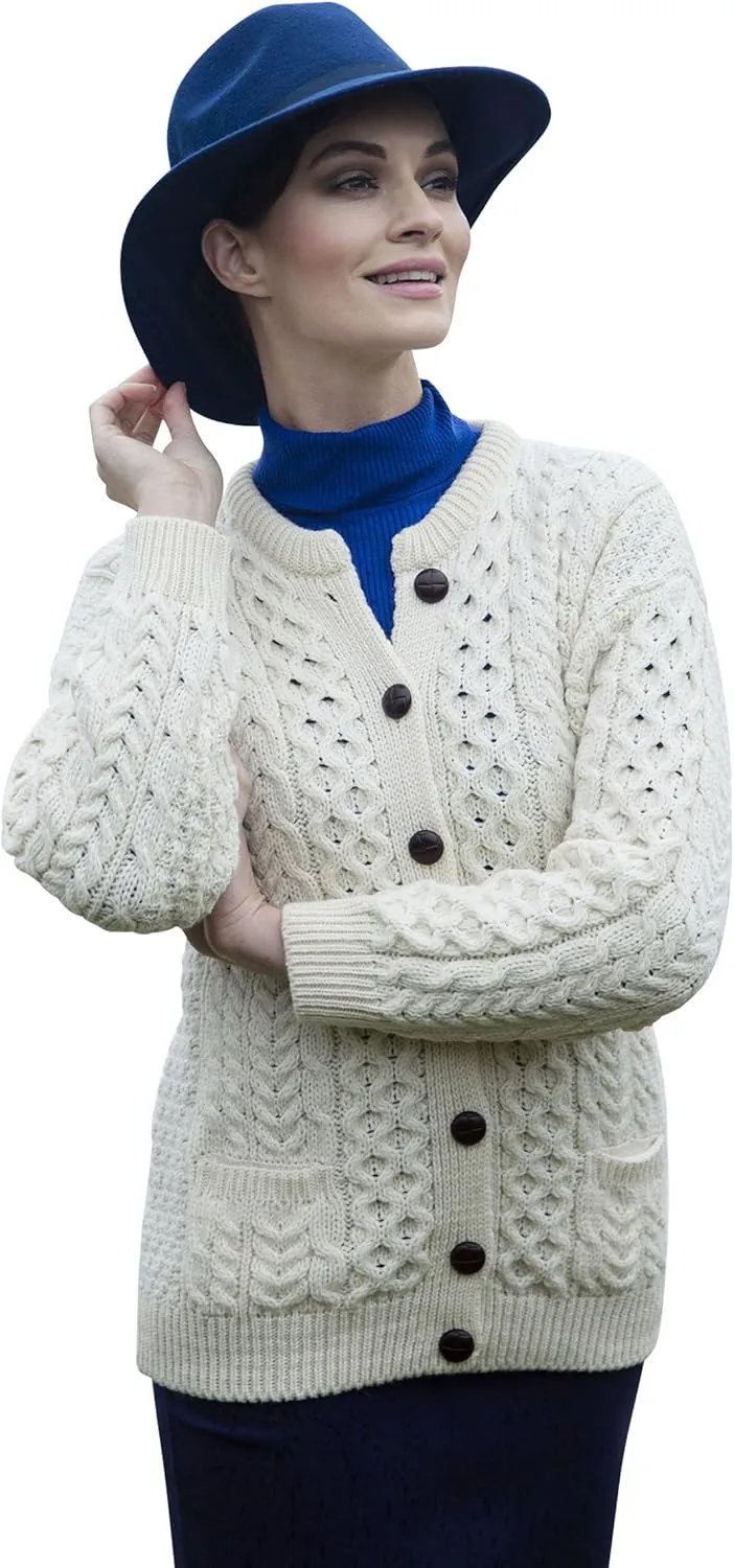 Achill Women's Irish Cable Knit Aran Cardigan, 100% Merino Wool, Made in Ireland