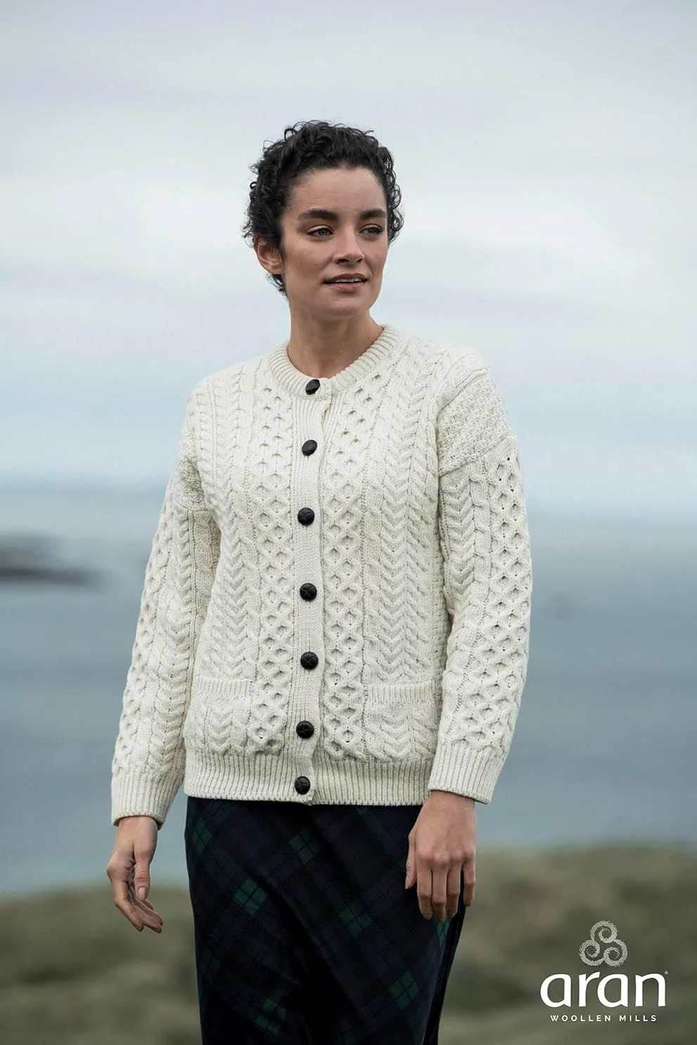 Achill Women's Irish Cable Knit Aran Cardigan, 100% Merino Wool, Made in Ireland