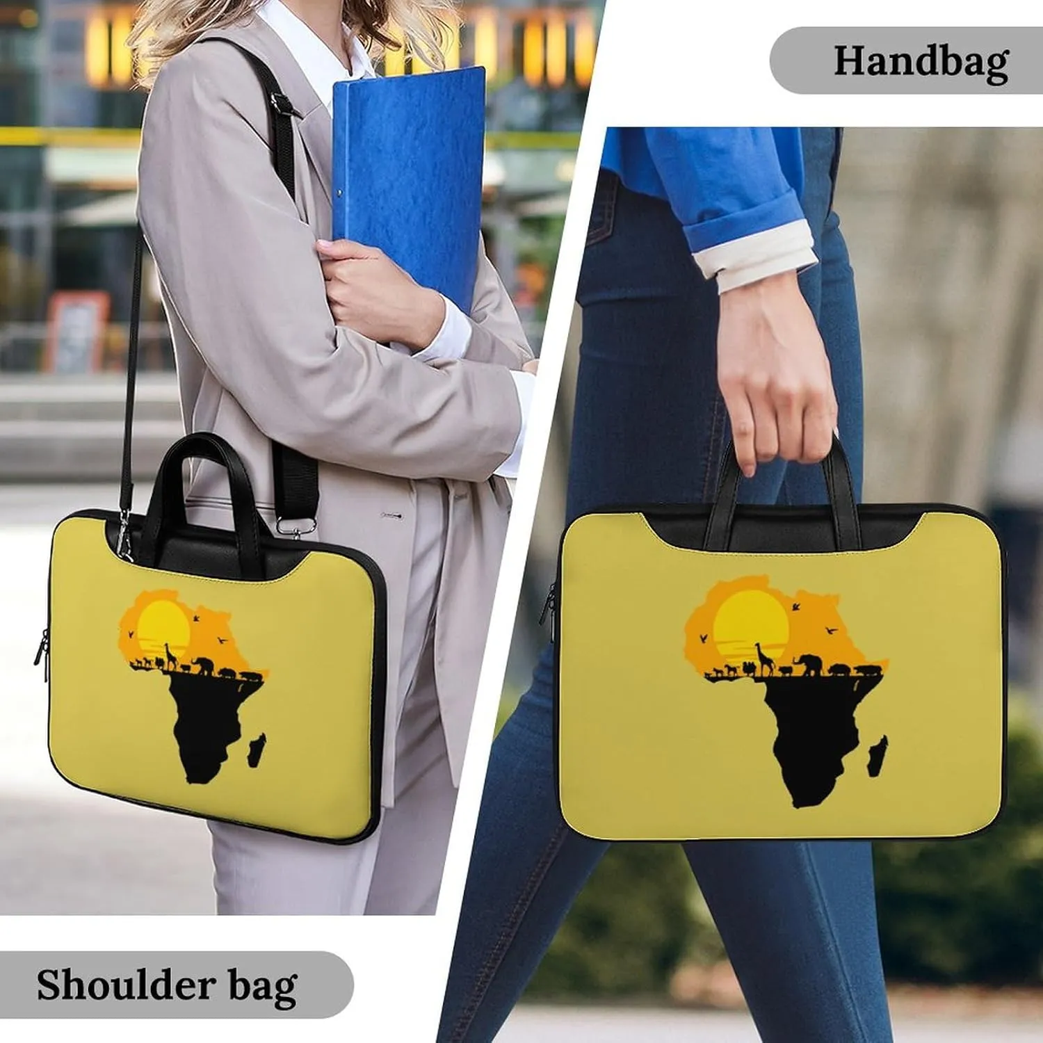 African Map with Wild Animals Leather Bag Laptop Case Slim Water Resistant Computer Bags with Handle Briefcase for Work