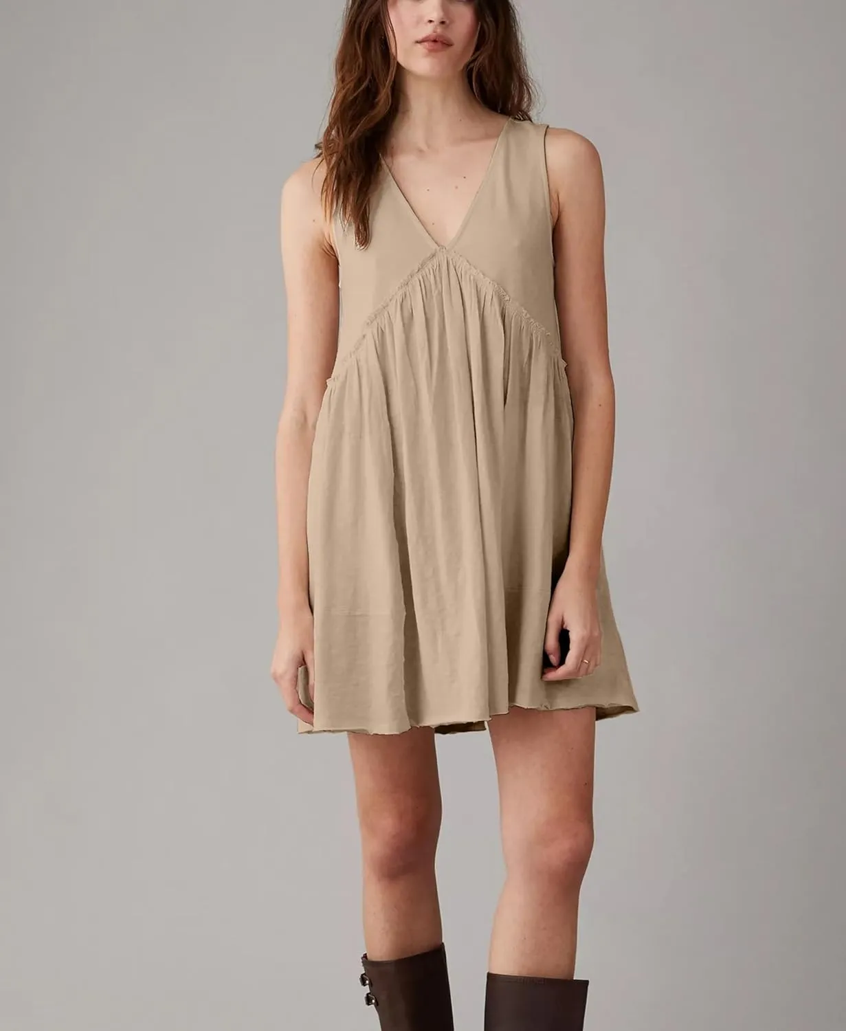 Aimiray Women's Casual Sleeveless Mini Dress Loose V Neck Backless Pleated Short Tank Sundress with Pockets