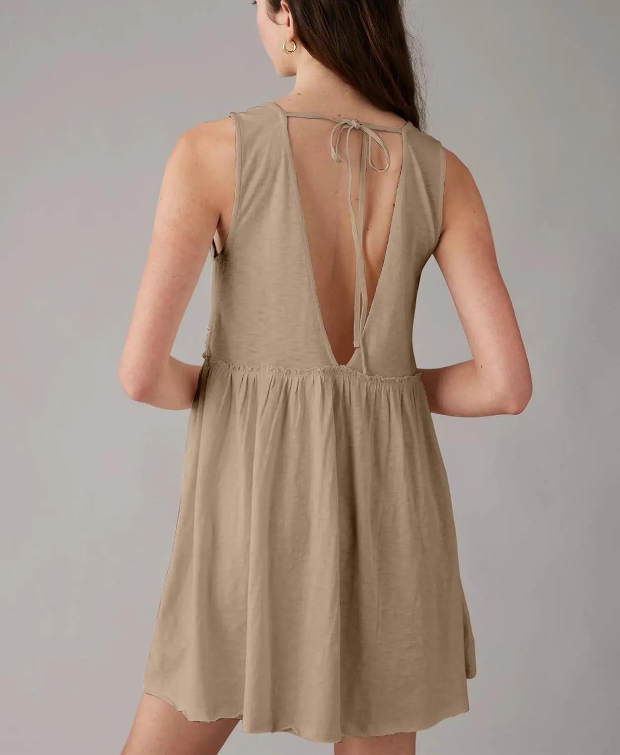 Aimiray Women's Casual Sleeveless Mini Dress Loose V Neck Backless Pleated Short Tank Sundress with Pockets