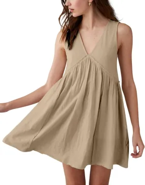 Aimiray Women's Casual Sleeveless Mini Dress Loose V Neck Backless Pleated Short Tank Sundress with Pockets