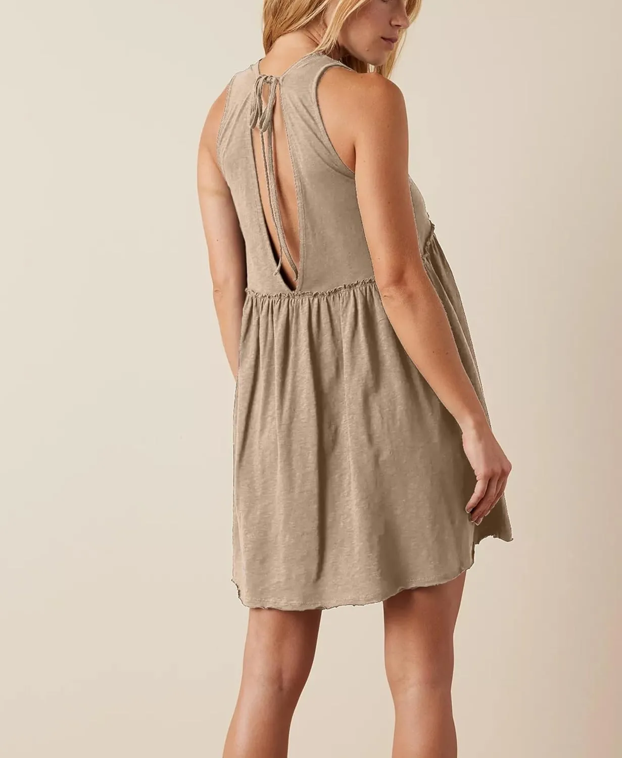 Aimiray Women's Casual Sleeveless Mini Dress Loose V Neck Backless Pleated Short Tank Sundress with Pockets