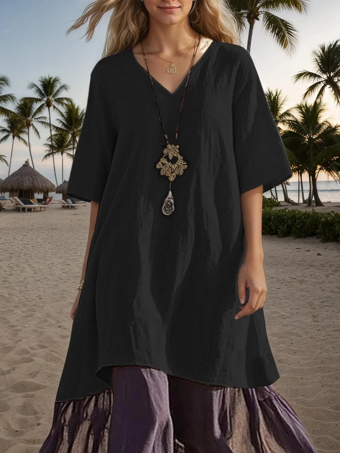 Akivide Women's Summer Cotton Linen Dress V Neck Short Sleeve Patchwork Flowy Casual Beach Vacation Midi Dresses