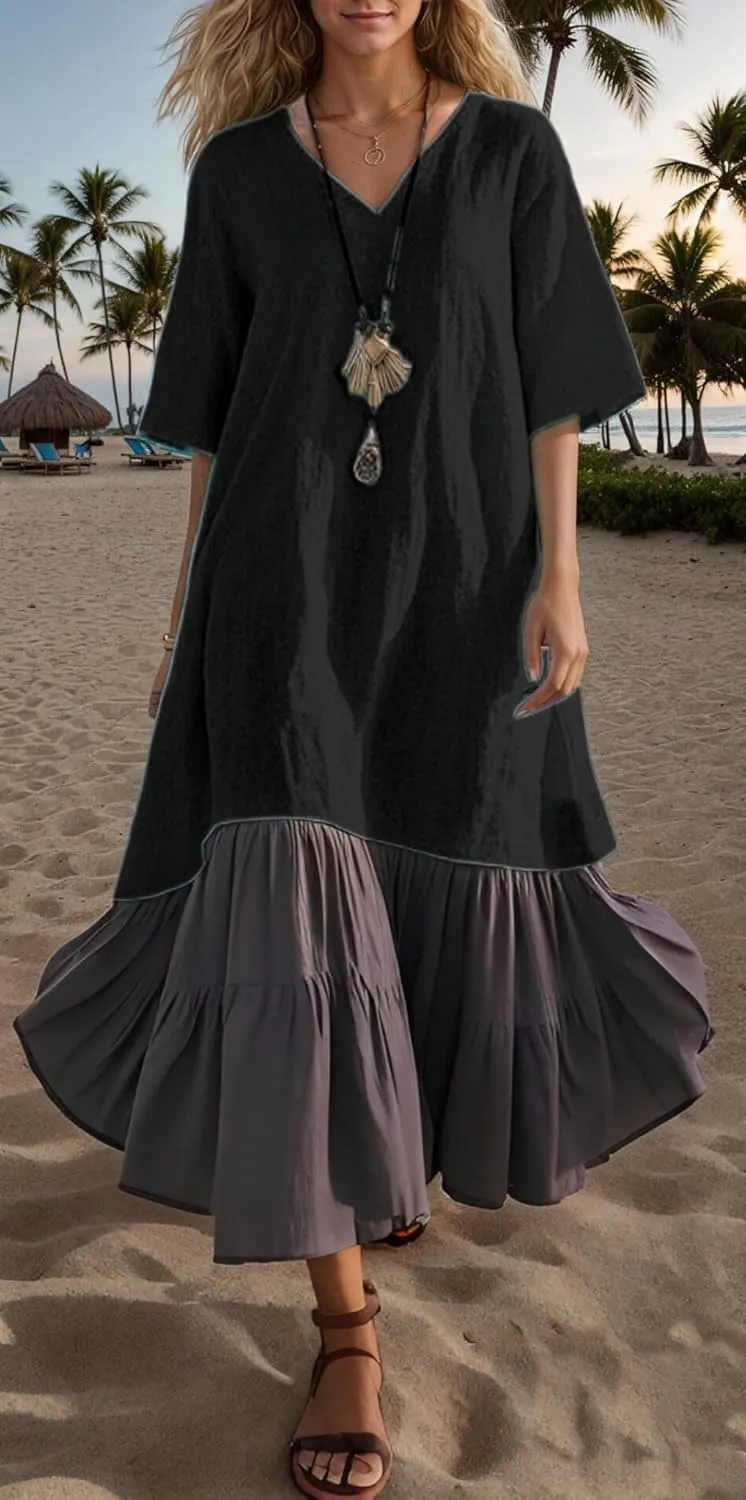 Akivide Women's Summer Cotton Linen Dress V Neck Short Sleeve Patchwork Flowy Casual Beach Vacation Midi Dresses