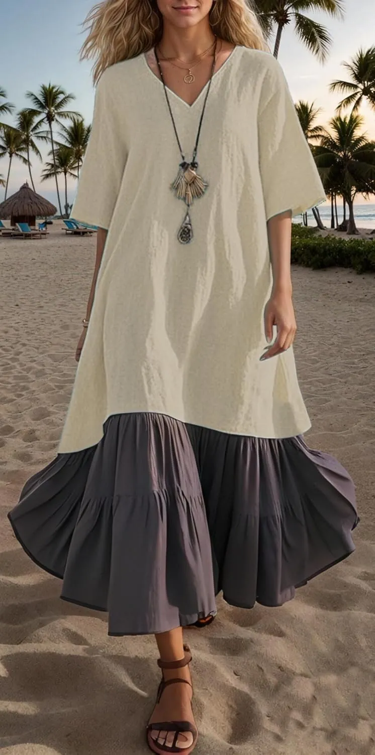 Akivide Women's Summer Cotton Linen Dress V Neck Short Sleeve Patchwork Flowy Casual Beach Vacation Midi Dresses