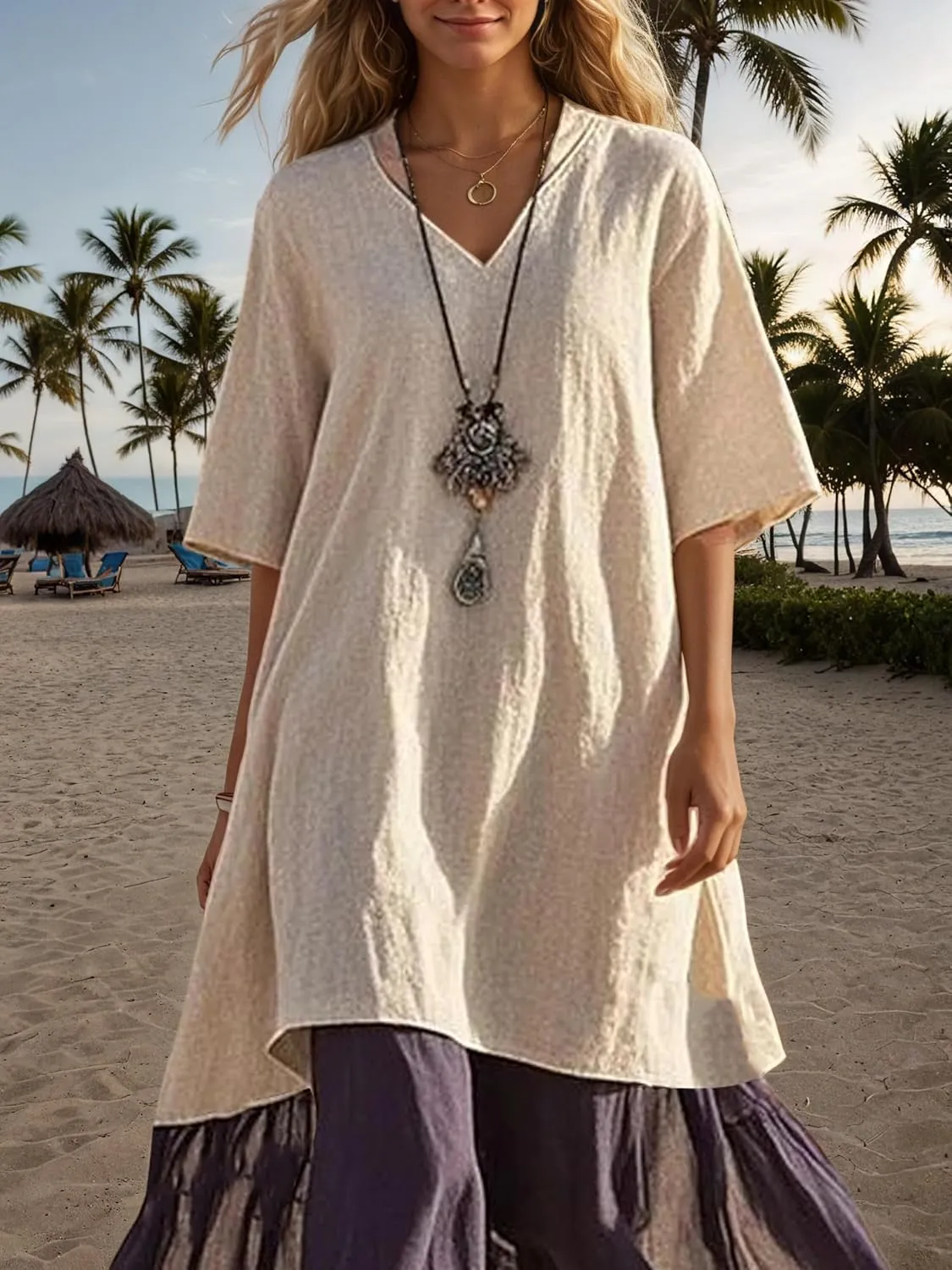 Akivide Women's Summer Cotton Linen Dress V Neck Short Sleeve Patchwork Flowy Casual Beach Vacation Midi Dresses
