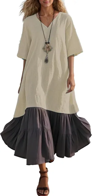 Akivide Women's Summer Cotton Linen Dress V Neck Short Sleeve Patchwork Flowy Casual Beach Vacation Midi Dresses