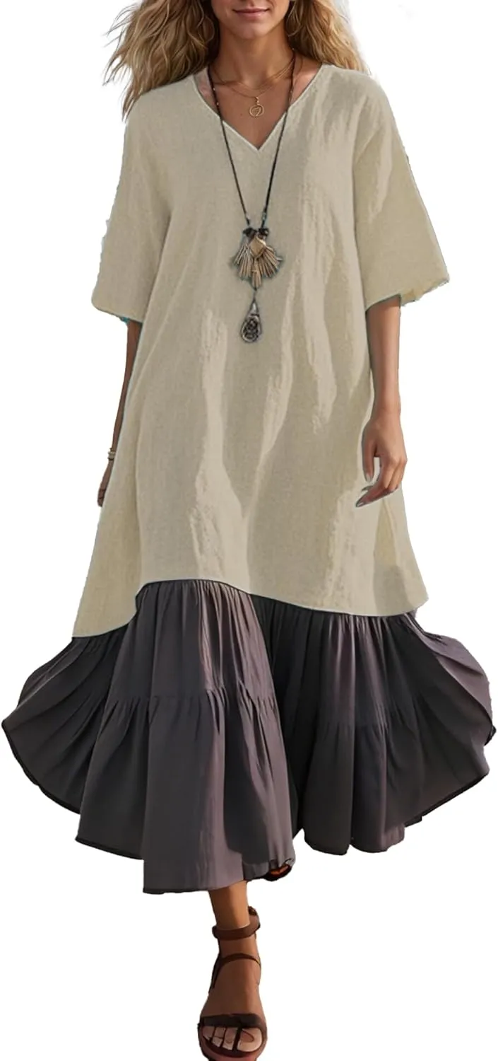 Akivide Women's Summer Cotton Linen Dress V Neck Short Sleeve Patchwork Flowy Casual Beach Vacation Midi Dresses