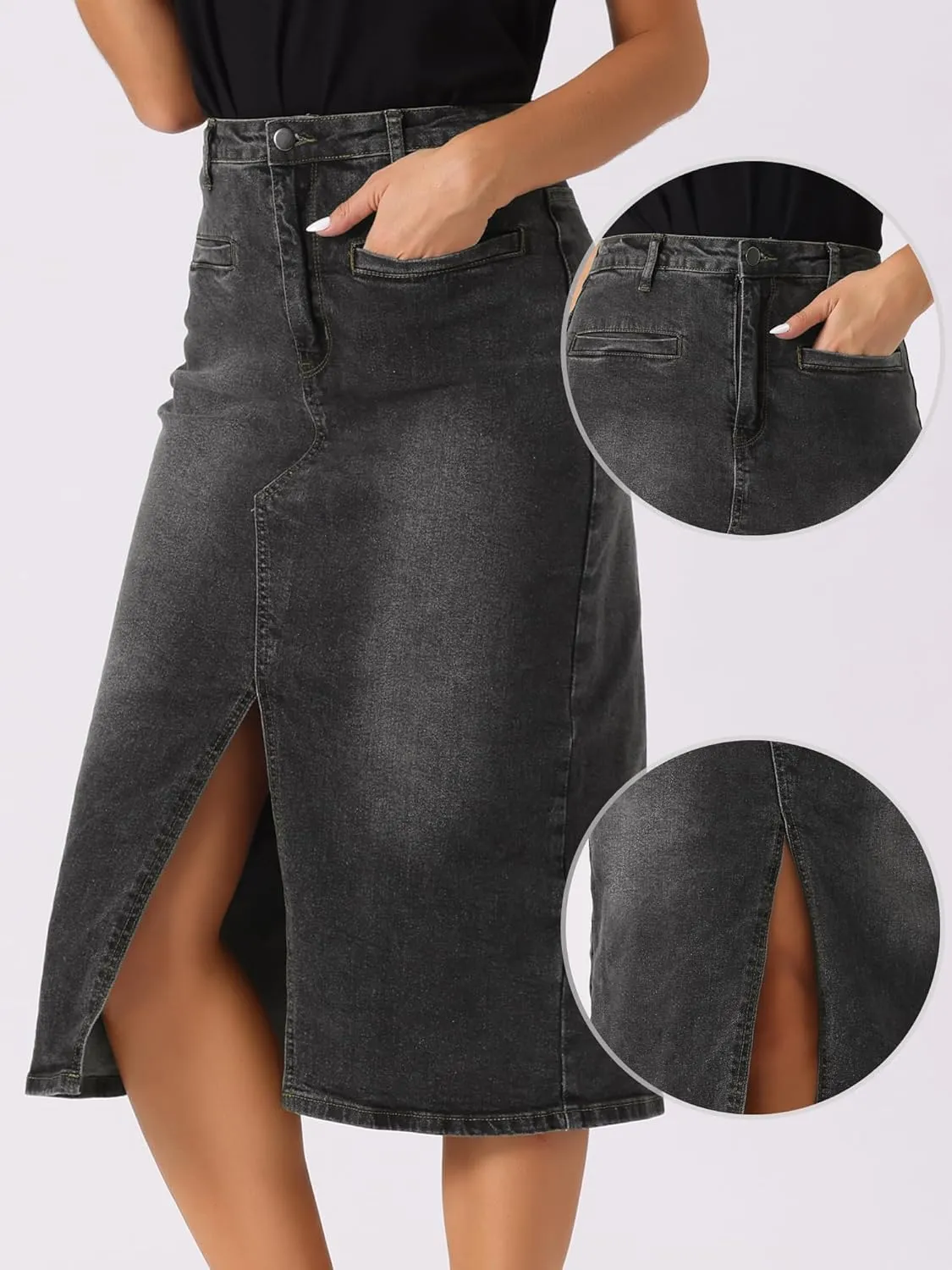 Allegra K Denim Skirt for Women's High Waist Slit Front Washed Jean Midi Skirts with Pockets