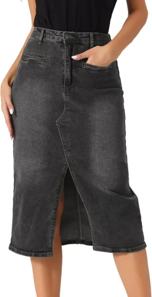 Allegra K Denim Skirt for Women's High Waist Slit Front Washed Jean Midi Skirts with Pockets