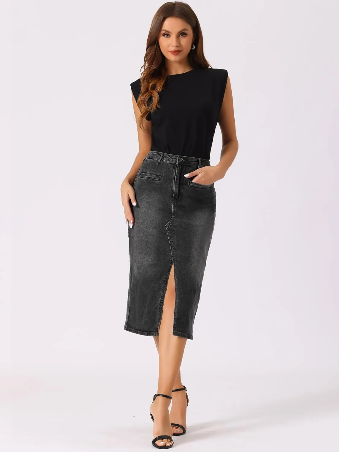 Allegra K Denim Skirt for Women's High Waist Slit Front Washed Jean Midi Skirts with Pockets