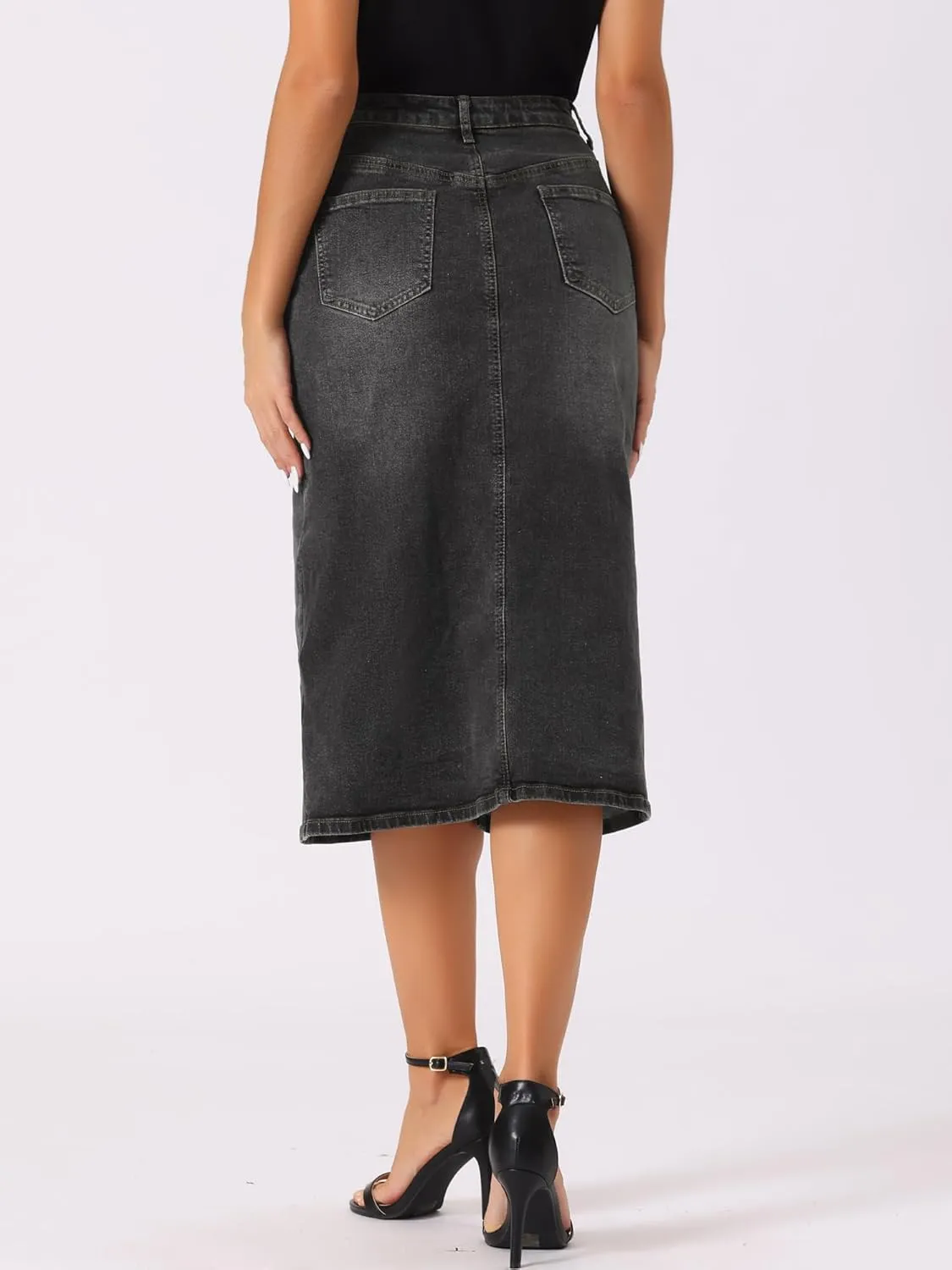 Allegra K Denim Skirt for Women's High Waist Slit Front Washed Jean Midi Skirts with Pockets