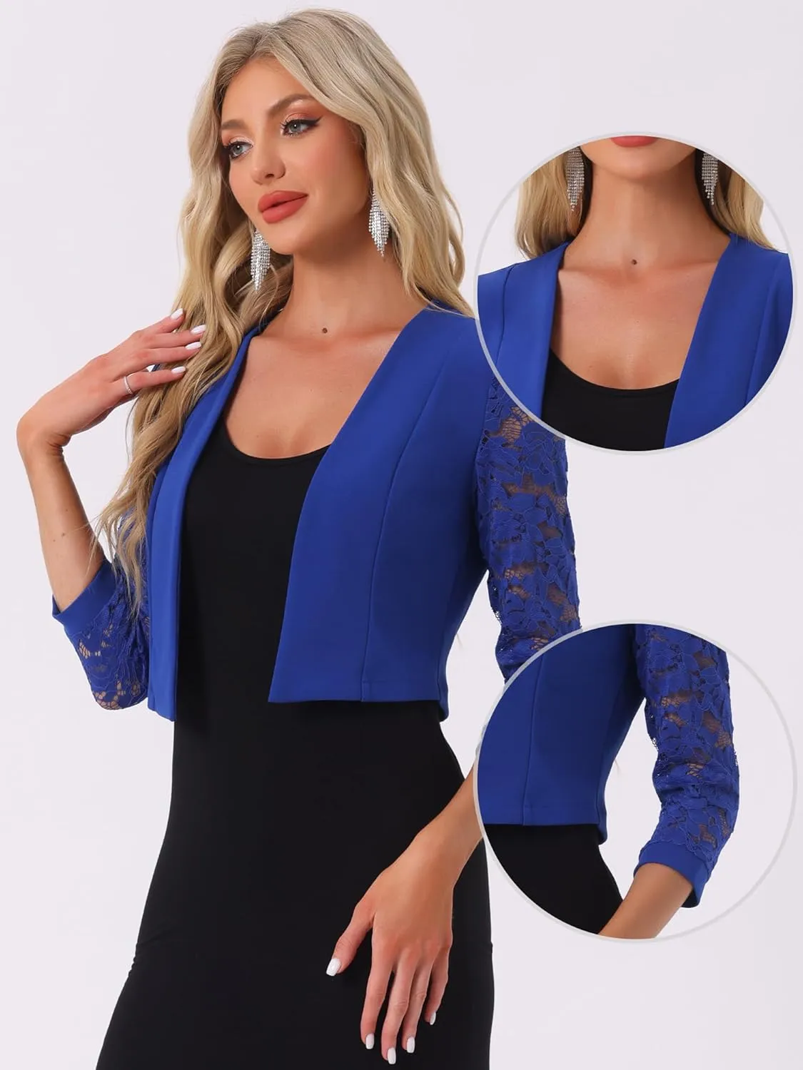 Allegra K Lace Shrug Tops for Women's 3/4 Sleeve Open Front Work Office Cropped Sheer Cardigan Formal Bolero