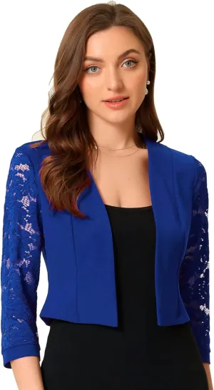Allegra K Lace Shrug Tops for Women's 3/4 Sleeve Open Front Work Office Cropped Sheer Cardigan Formal Bolero