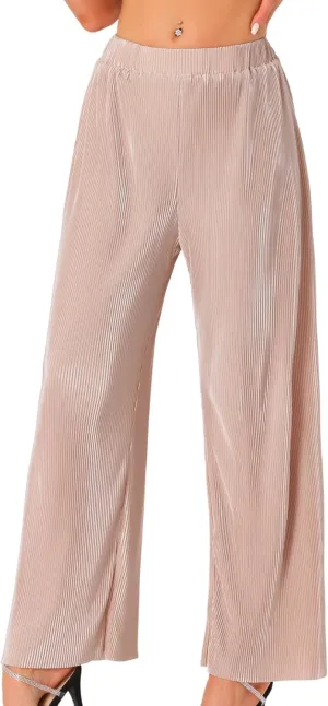 Allegra K Wide Leg Pants for Women's Pleated Shiny High Waist Elastic Casual Outfit Party Trousers