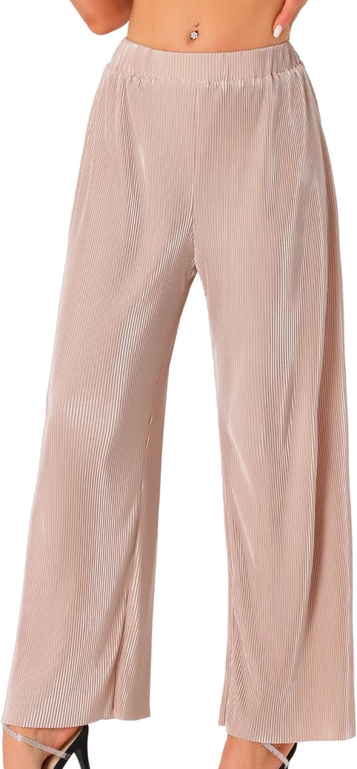 Allegra K Wide Leg Pants for Women's Pleated Shiny High Waist Elastic Casual Outfit Party Trousers
