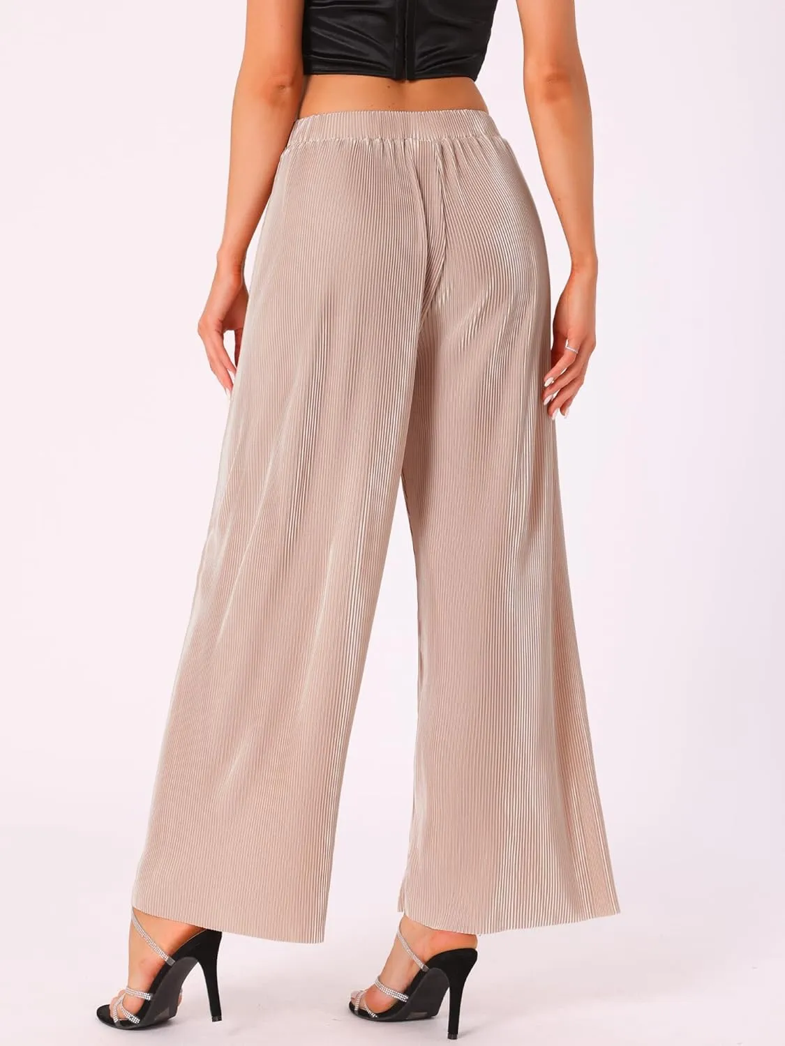 Allegra K Wide Leg Pants for Women's Pleated Shiny High Waist Elastic Casual Outfit Party Trousers