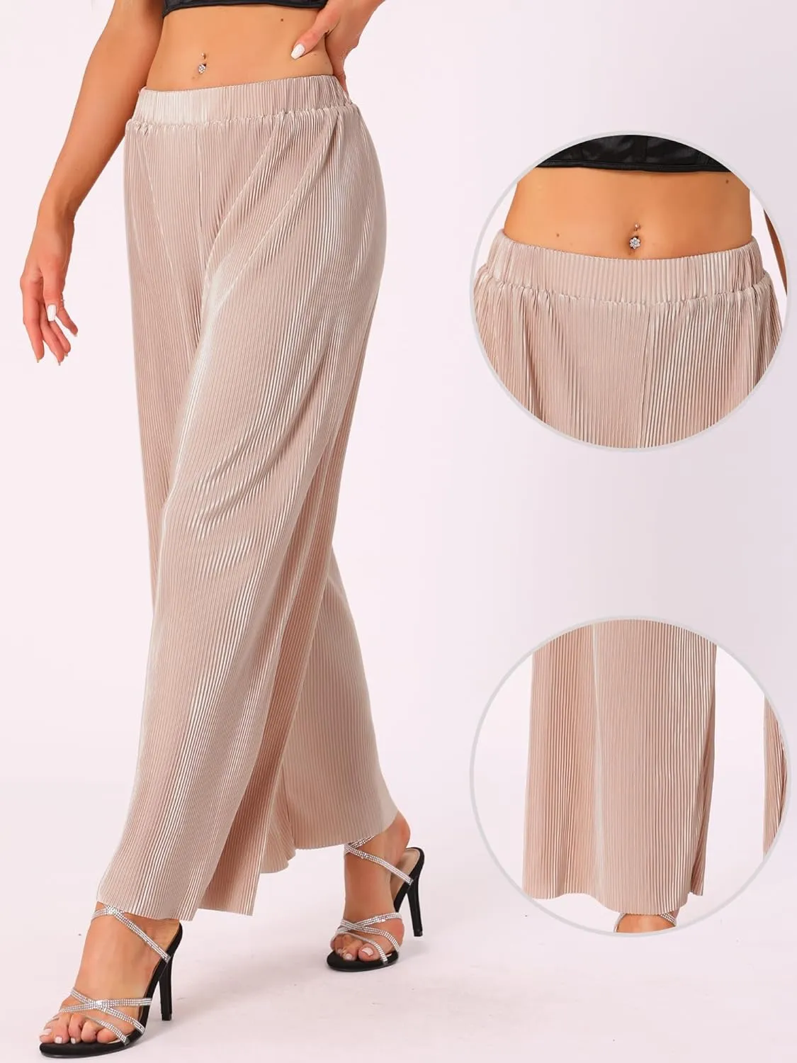 Allegra K Wide Leg Pants for Women's Pleated Shiny High Waist Elastic Casual Outfit Party Trousers