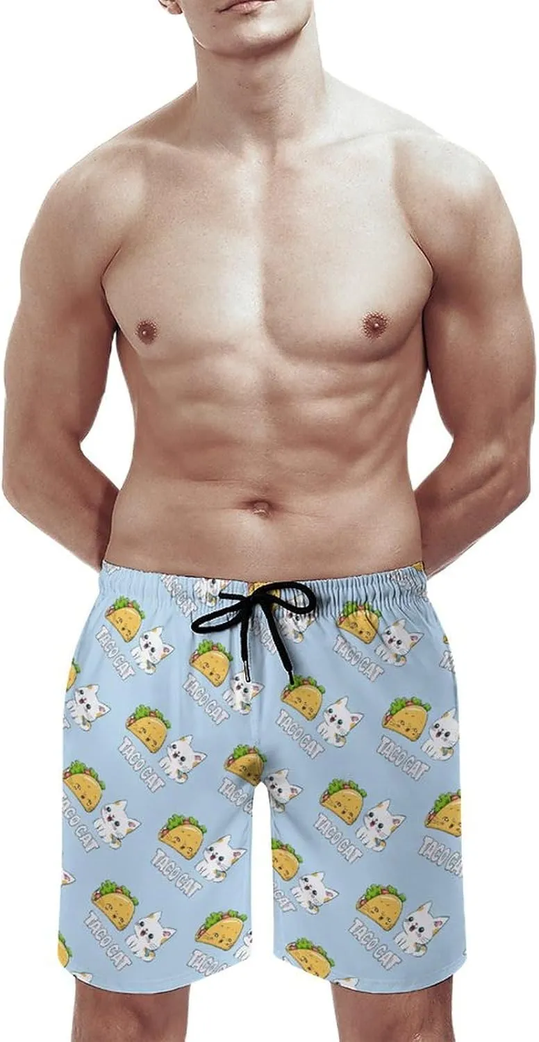 Animal Cat Mexican Tacos Men's Swim Trunks Quick Dry Board Shorts Breathable Summer Beach Shorts Bathing Suits