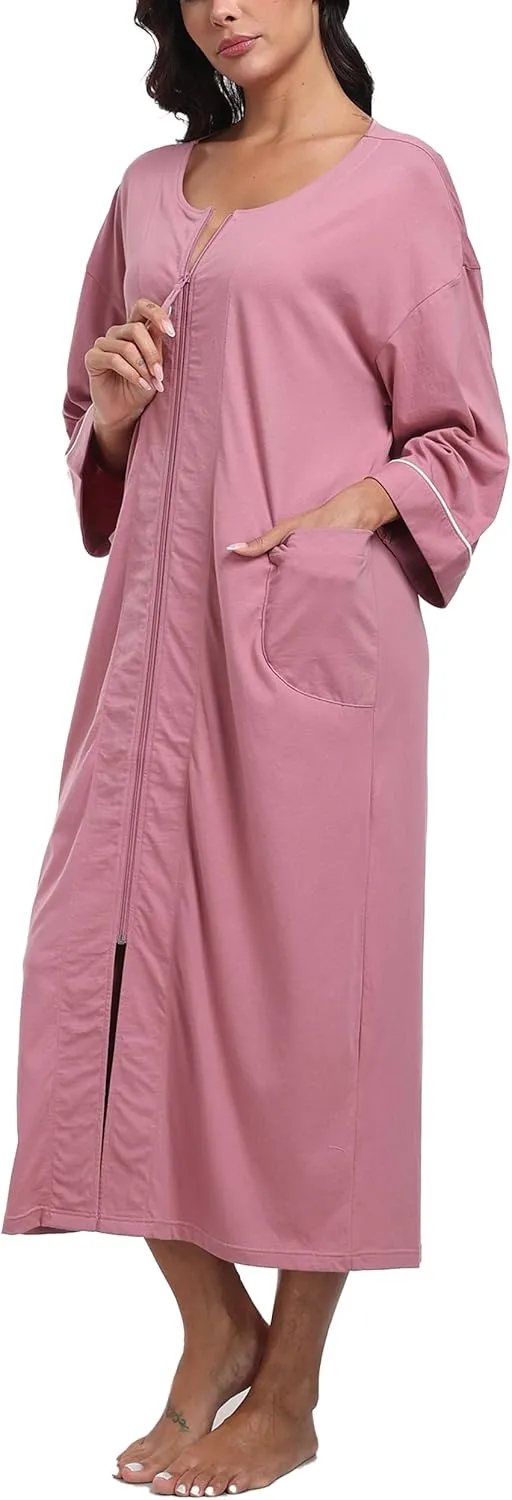 ANLIQI Women's 100% Cotton Long Robes Lightweight Housecoats 3/4 Sleeve Loungewear Dress Full Length Bathrobe with Pockets