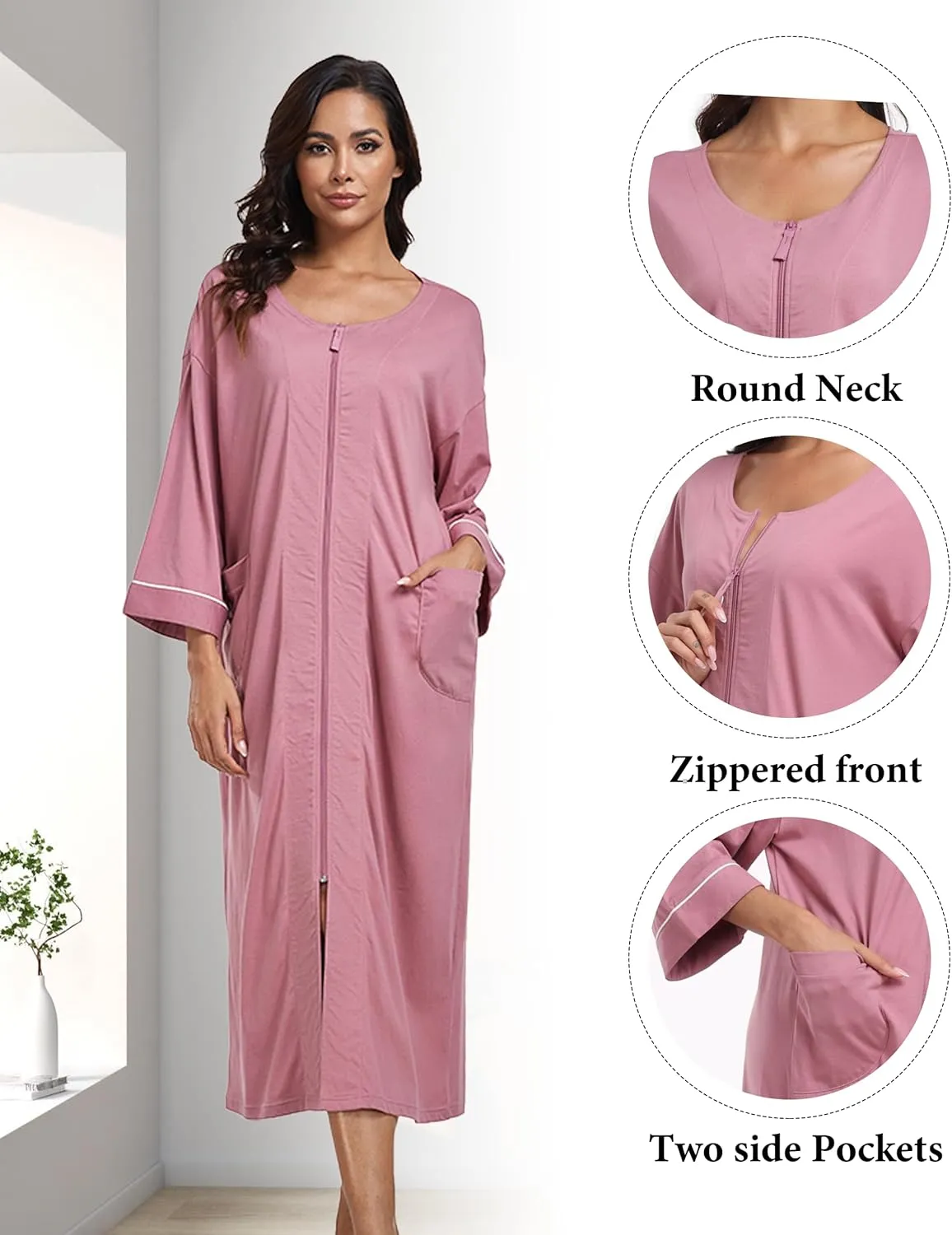ANLIQI Women's 100% Cotton Long Robes Lightweight Housecoats 3/4 Sleeve Loungewear Dress Full Length Bathrobe with Pockets