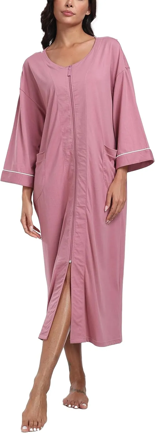 ANLIQI Women's 100% Cotton Long Robes Lightweight Housecoats 3/4 Sleeve Loungewear Dress Full Length Bathrobe with Pockets