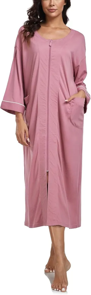 ANLIQI Women's 100% Cotton Long Robes Lightweight Housecoats 3/4 Sleeve Loungewear Dress Full Length Bathrobe with Pockets