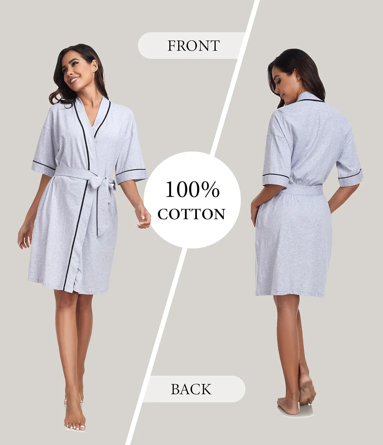 ANLIQI Womens 100% Cotton Robes Lightweight Short Sleeve Bathrobe Soft Summer Kimono Bath Robe with Pockets Ladies Sleepwear
