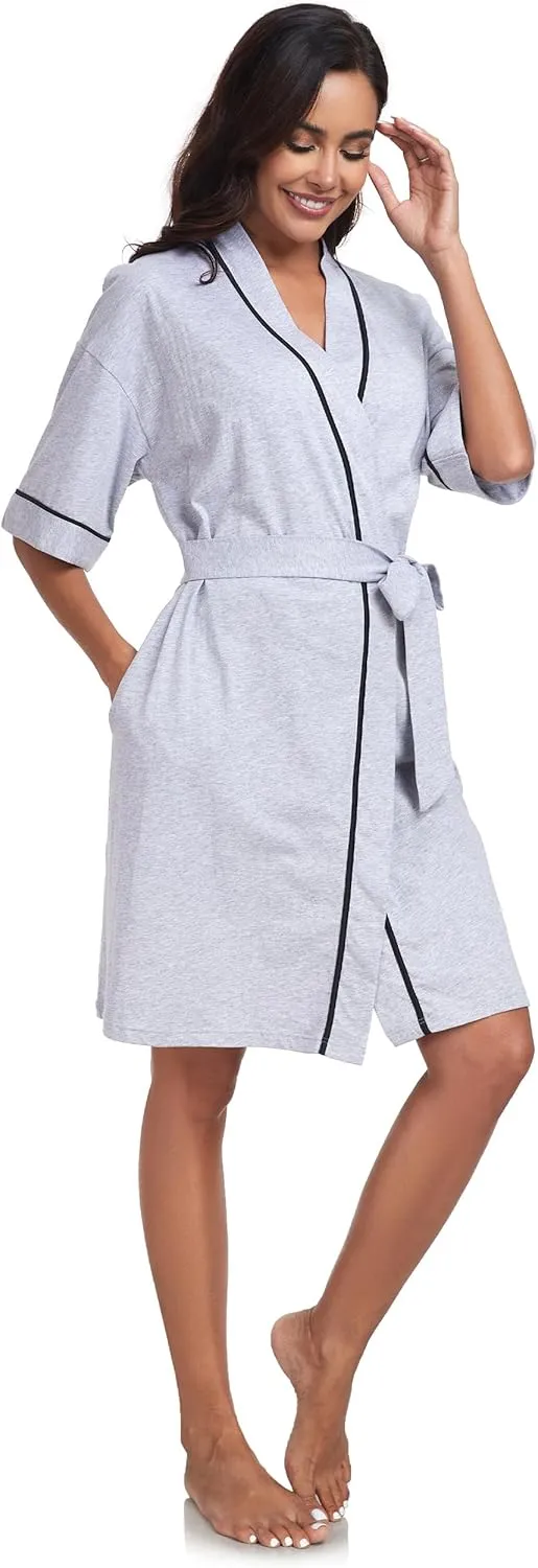 ANLIQI Womens 100% Cotton Robes Lightweight Short Sleeve Bathrobe Soft Summer Kimono Bath Robe with Pockets Ladies Sleepwear