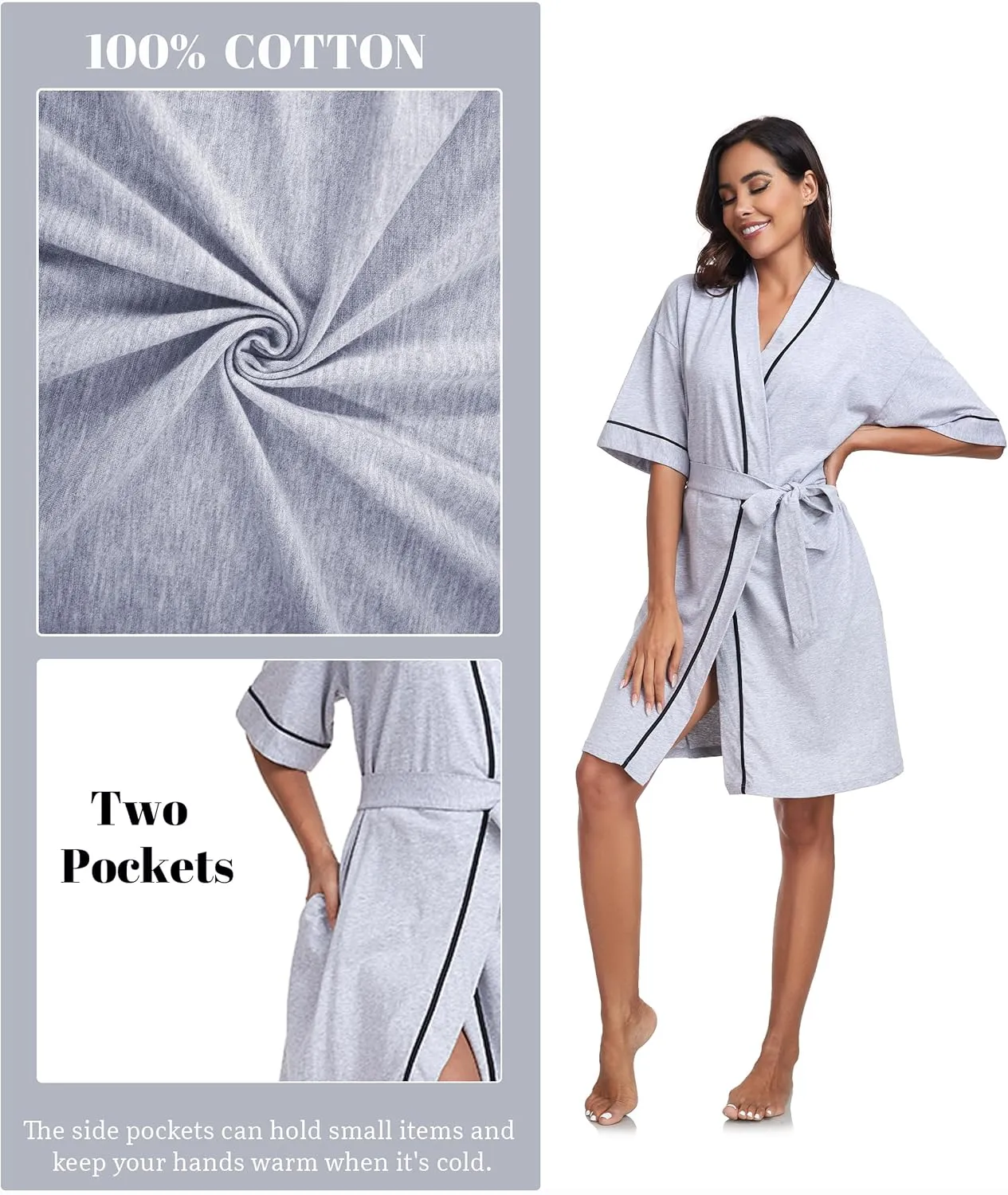 ANLIQI Womens 100% Cotton Robes Lightweight Short Sleeve Bathrobe Soft Summer Kimono Bath Robe with Pockets Ladies Sleepwear