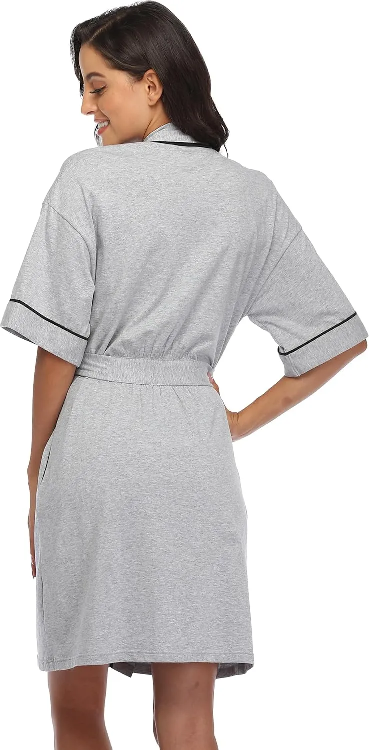 ANLIQI Womens 100% Cotton Robes Lightweight Short Sleeve Bathrobe Soft Summer Kimono Bath Robe with Pockets Ladies Sleepwear