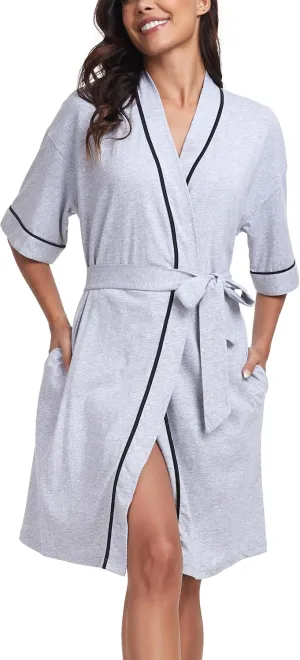 ANLIQI Womens 100% Cotton Robes Lightweight Short Sleeve Bathrobe Soft Summer Kimono Bath Robe with Pockets Ladies Sleepwear