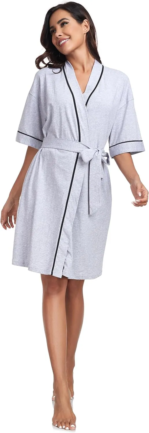 ANLIQI Womens 100% Cotton Robes Lightweight Short Sleeve Bathrobe Soft Summer Kimono Bath Robe with Pockets Ladies Sleepwear