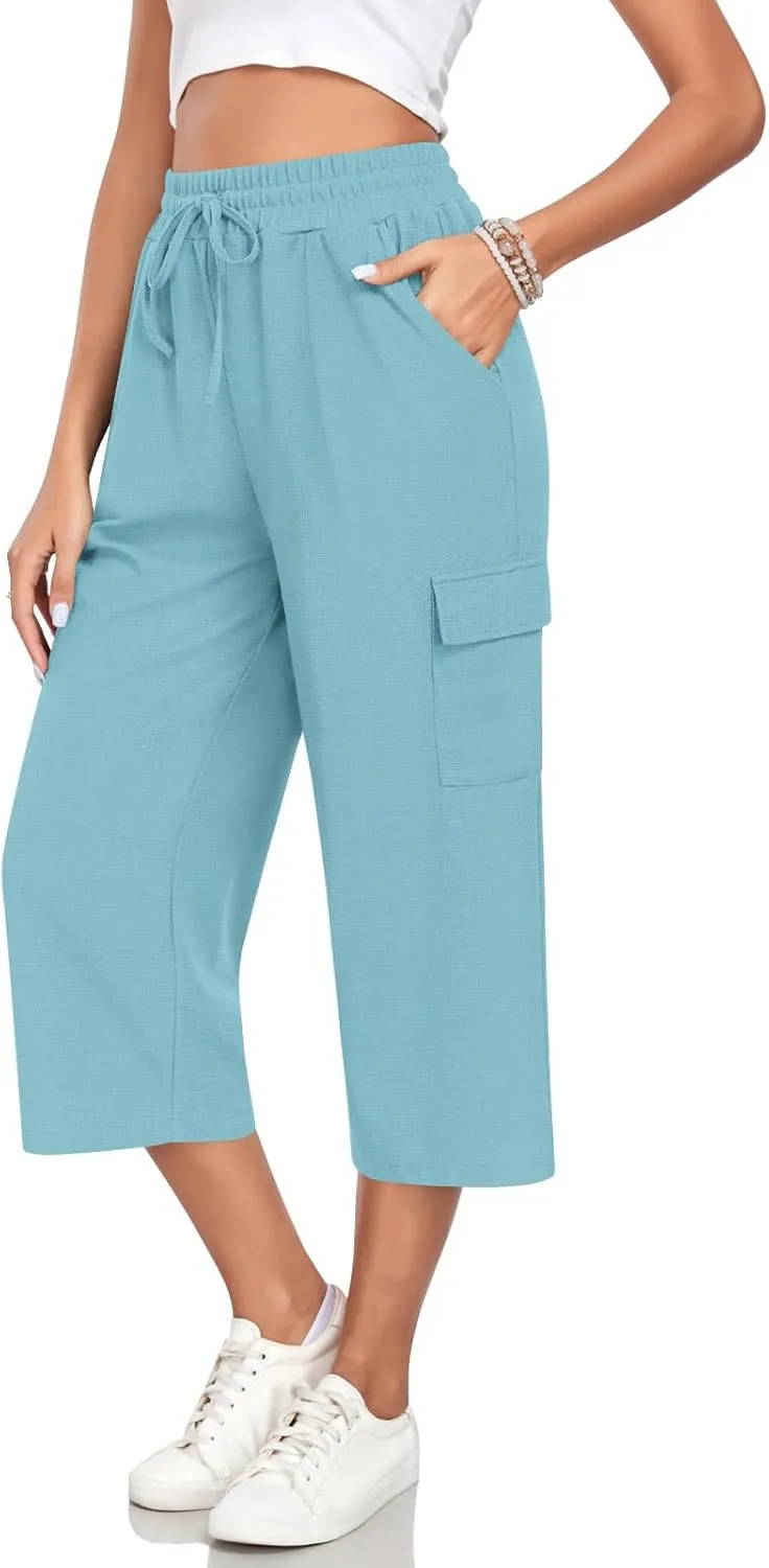 Anyhold Womens 3/4 Pants Loose Fit High Waisted Wide Leg Lounge Pants Drawstring Casual Trousers with 4 Pockets
