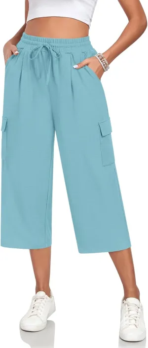 Anyhold Womens 3/4 Pants Loose Fit High Waisted Wide Leg Lounge Pants Drawstring Casual Trousers with 4 Pockets