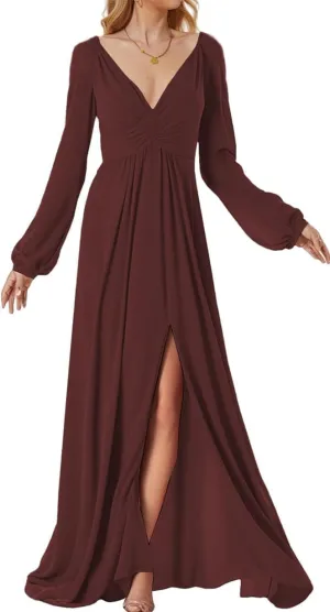 ANYSWBKN Long Sleeves Bridesmaid Dresses for Wedding Deep V Neck Chiffon Evening Party Prom Maxi Gown with Silt