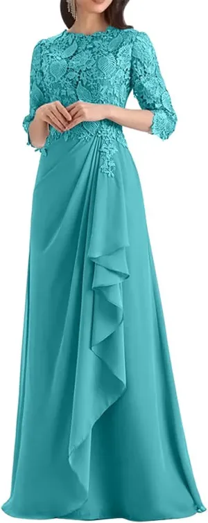 Appliques Mother of The Bride Dresses for Wedding Ruffles Long Chiffon Formal Dress with Sleevess Evening Gown